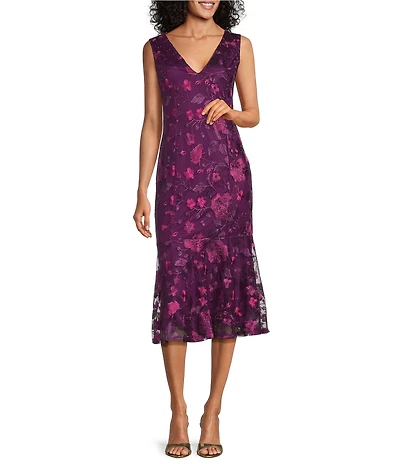 Marina Embroidered Tulle Flower Lace Sleeveless Midi Dress