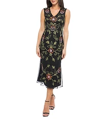 Marina Floral Embroidered Soutache V-Neck Sleeveless Midi Sheath Dress