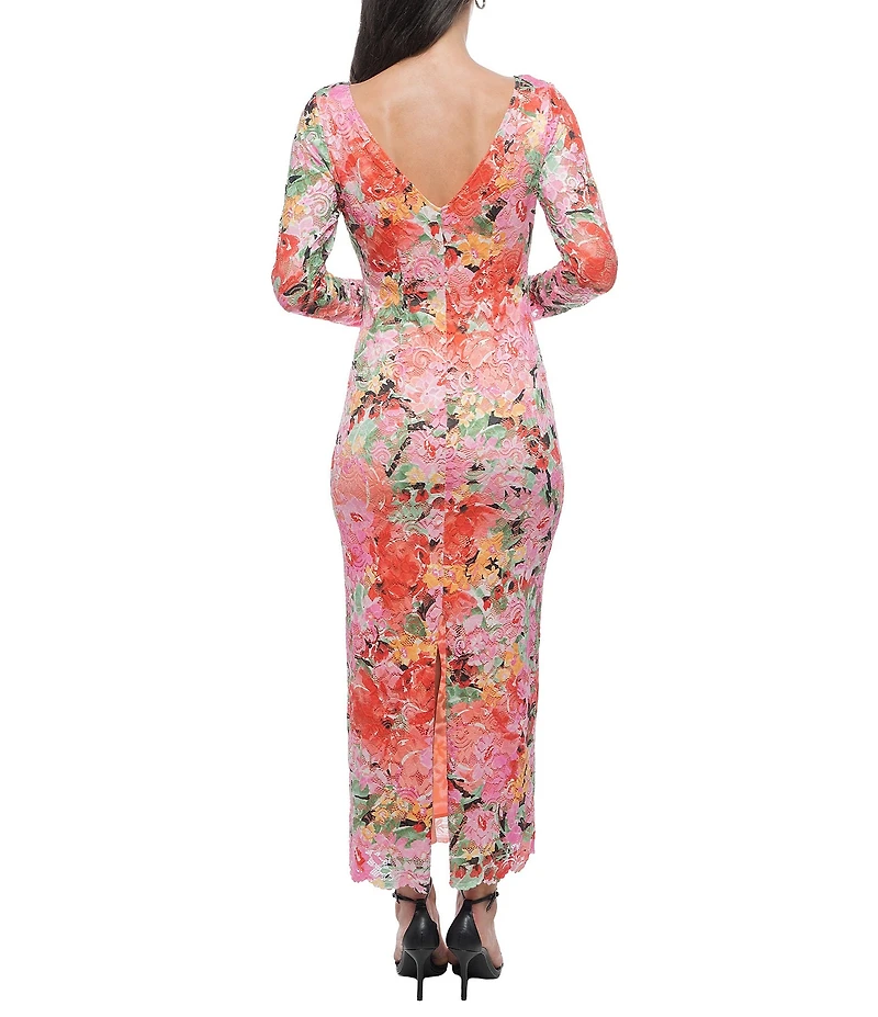Marina Floral Lace Crew Neck Long Sleeve Mesh Embrodiery Maxi Sheath Dress