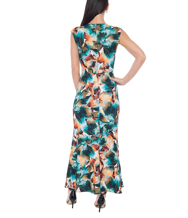 Marina Floral Printed Crew Neck Scuba Crepe Sleeveless Maxi Dress
