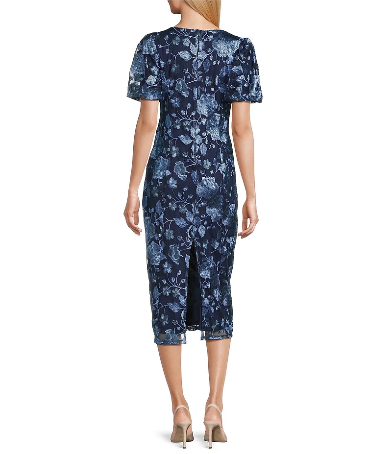 Marina Flower Embroidered Tulle Square Neck Puff Short Sleeve Midi Dress