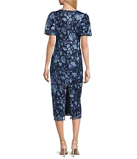 Marina Flower Embroidered Tulle Square Neck Puff Short Sleeve Midi Dress