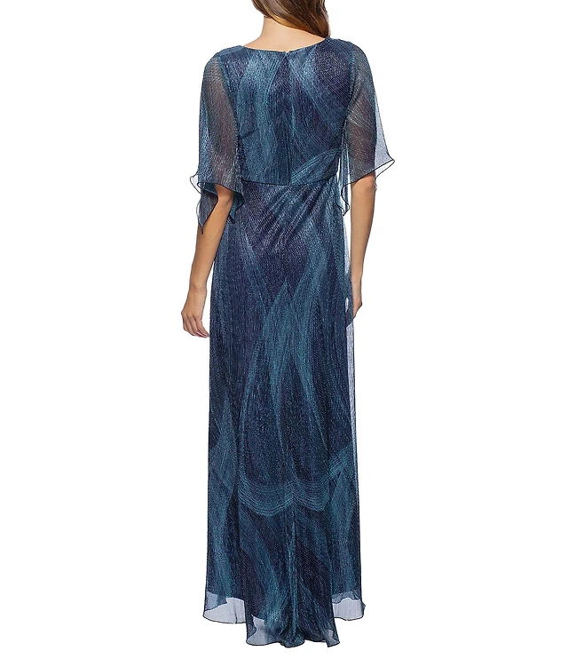 marina metallic flutter sleeve dress Marina Gathered V-Neck 3/4 Flutter Sleeve Metallic Mesh Gown
