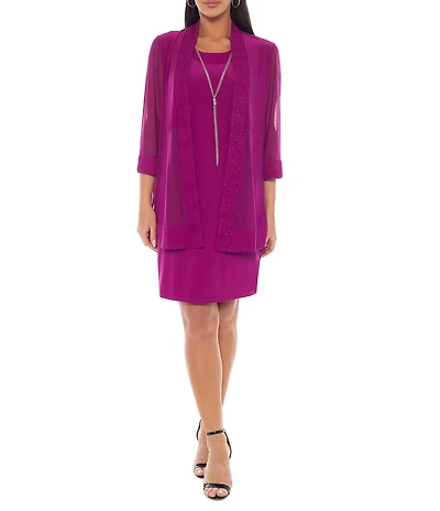 Marina ITY Knit 3/4 Sleeve Sleeveless Crew Neck Sheath 2-Piece Jacket Dress