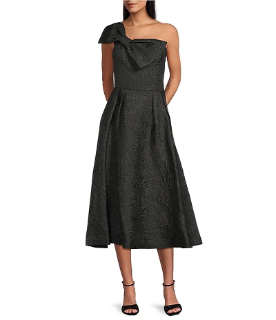 Marina Jacquard Brocade Bow One Shoulder Sleeveless Midi Gown