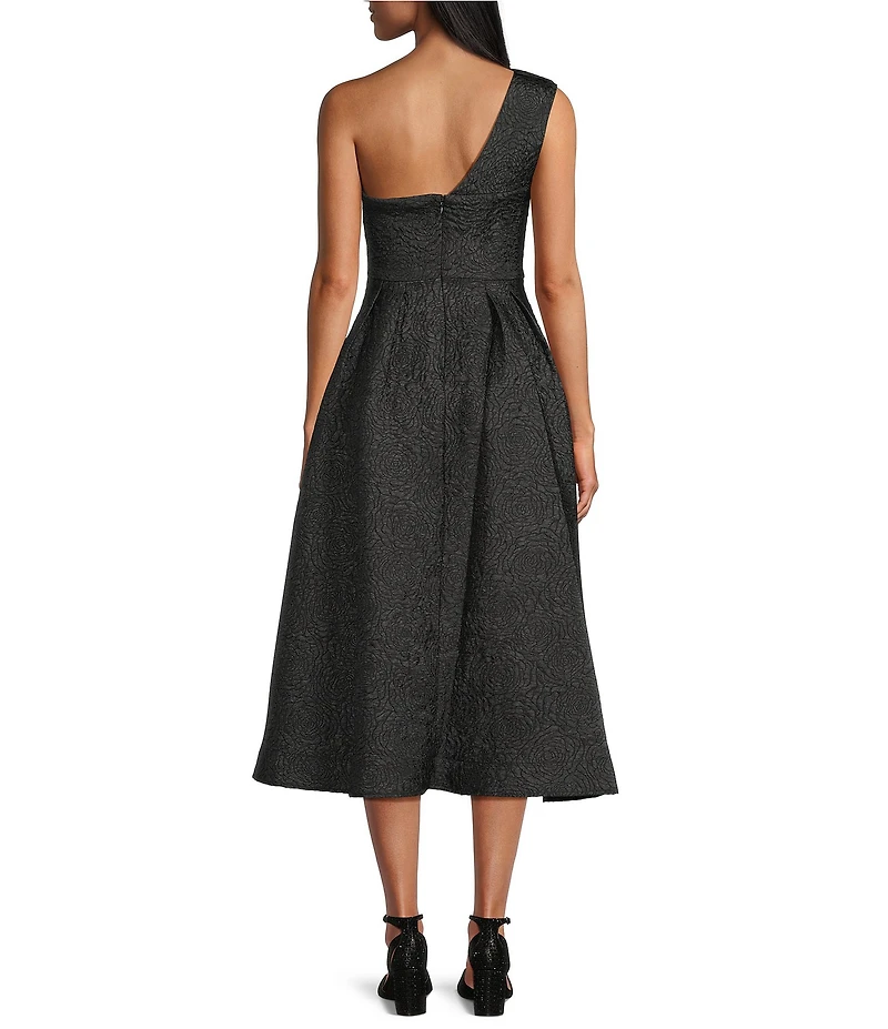 Marina Jacquard Brocade Bow One Shoulder Sleeveless Midi Gown