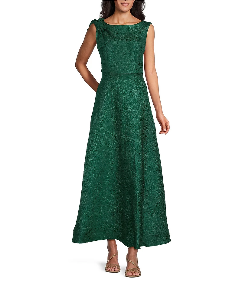 Marina Jacquard Brocade Sleeveless Bow Shoulder Gown