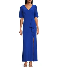 Marina Jersey Ruffle Front Slit V-Neck Mesh Short Sleeve Ruffle Slit Gown