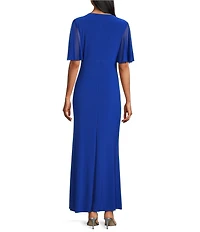 Marina Jersey Ruffle Front Slit V-Neck Mesh Short Sleeve Ruffle Slit Gown