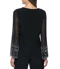 Marina Keyhole Rhinestone Neck Beaded Bell Long Sleeve Matte Jersey 2-Piece Pant Set