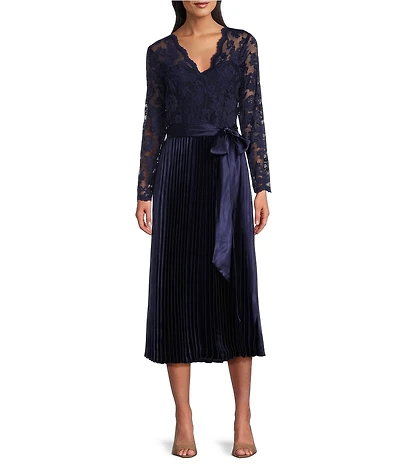 Marina Lace Bodice Surplice V-Neck Long Sleeve Pleated A-Line Midi Dress