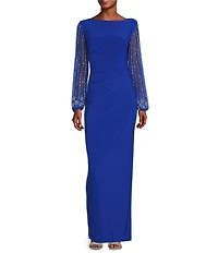 Marina Boat Neck Long Beaded Elastic Cuff Sleeve Matte Jersey Back Slit Sheath Gown