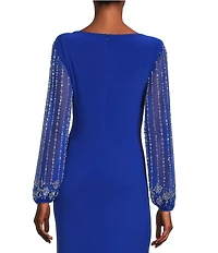 Marina Boat Neck Long Beaded Elastic Cuff Sleeve Matte Jersey Back Slit Sheath Gown