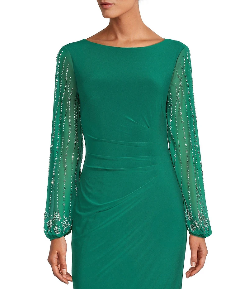 Marina Boat Neck Long Beaded Elastic Cuff Sleeve Matte Jersey Back Slit Sheath Gown