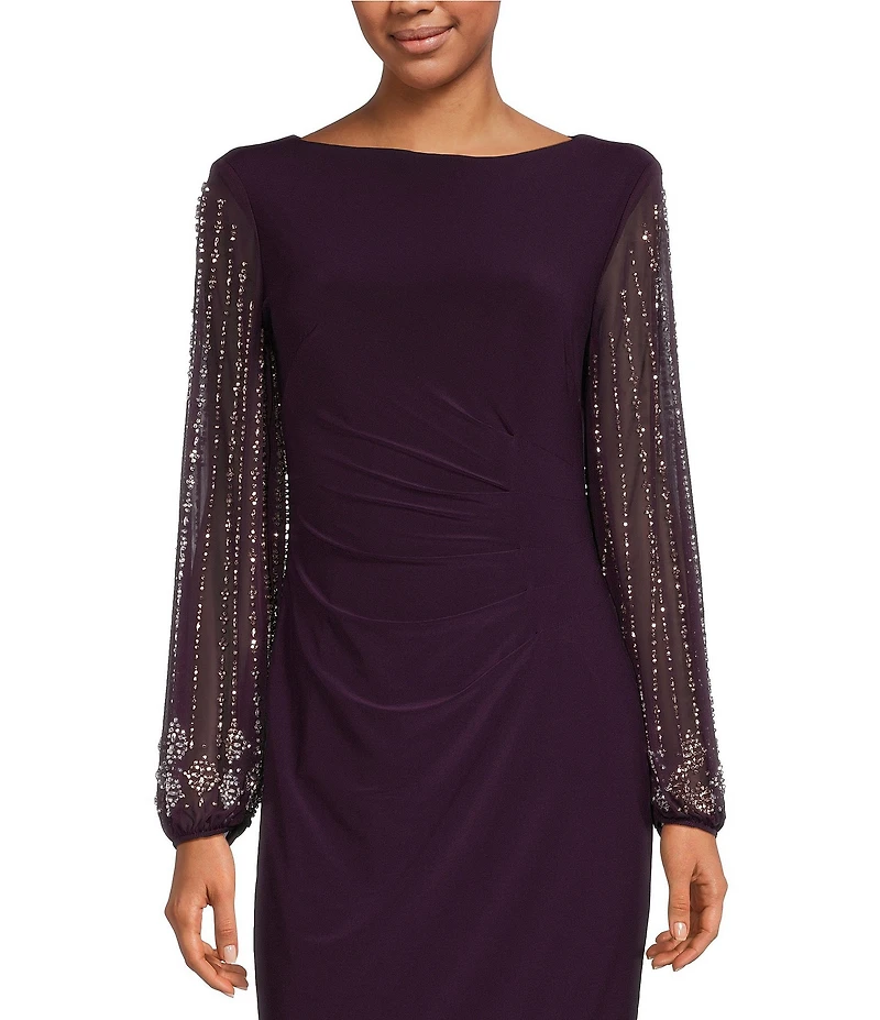 Marina Boat Neck Long Beaded Elastic Cuff Sleeve Matte Jersey Back Slit Sheath Gown