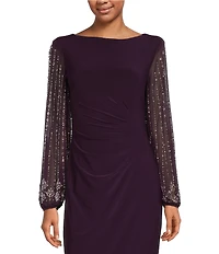 Marina Boat Neck Long Beaded Elastic Cuff Sleeve Matte Jersey Back Slit Sheath Gown