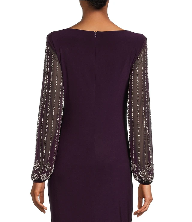 Marina Boat Neck Long Beaded Elastic Cuff Sleeve Matte Jersey Back Slit  Sheath Gown at Hamilton Place in Chattanooga, TN