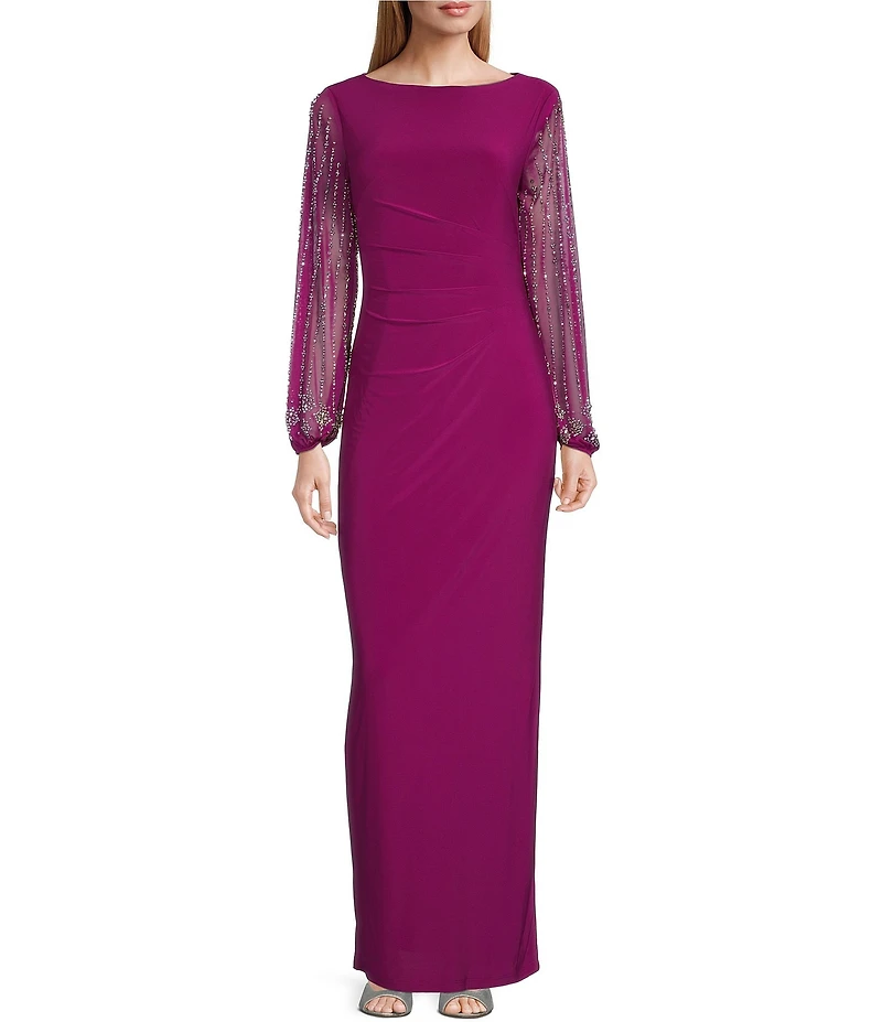 Marina Boat Neck Long Beaded Elastic Cuff Sleeve Matte Jersey Back Slit Sheath Gown