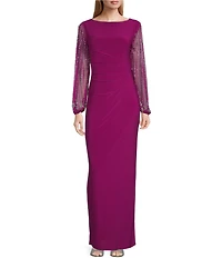 Marina Boat Neck Long Beaded Elastic Cuff Sleeve Matte Jersey Back Slit Sheath Gown
