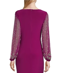 Marina Boat Neck Long Beaded Elastic Cuff Sleeve Matte Jersey Back Slit Sheath Gown