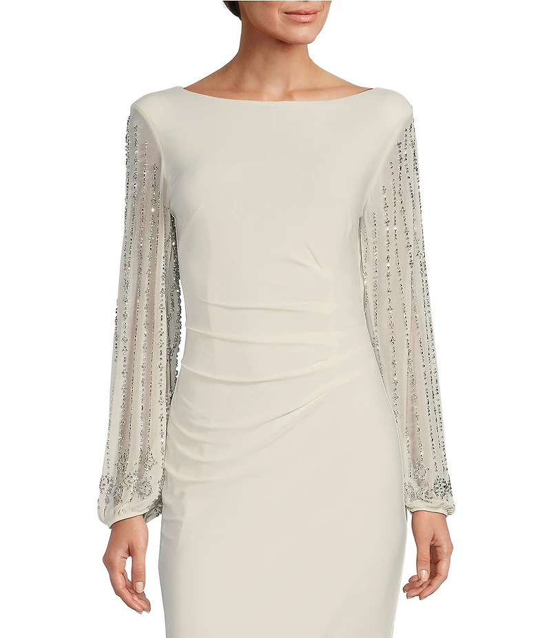 Marina Boat Neck Long Beaded Elastic Cuff Sleeve Matte Jersey Back Slit Sheath Gown