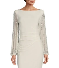 Marina Boat Neck Long Beaded Elastic Cuff Sleeve Matte Jersey Back Slit Sheath Gown