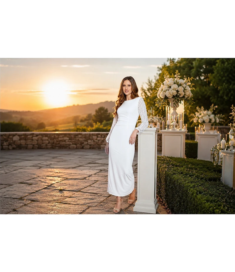 Marina Boat Neck Long Beaded Elastic Cuff Sleeve Matte Jersey Back Slit Sheath Gown