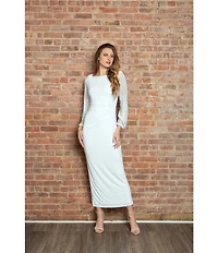 Marina Boat Neck Long Beaded Elastic Cuff Sleeve Matte Jersey Back Slit Sheath Gown