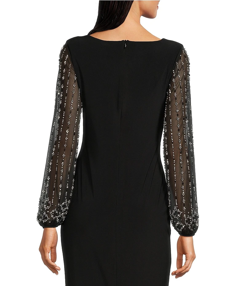 Marina Boat Neck Long Beaded Elastic Cuff Sleeve Matte Jersey Back Slit Sheath Gown