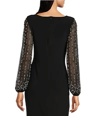 Marina Boat Neck Long Beaded Elastic Cuff Sleeve Matte Jersey Back Slit Sheath Gown