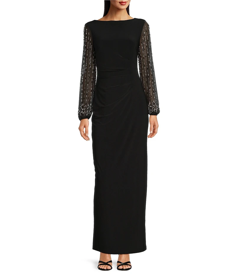 Marina Boat Neck Long Beaded Elastic Cuff Sleeve Matte Jersey Back Slit Sheath Gown