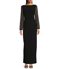 Marina Boat Neck Long Beaded Elastic Cuff Sleeve Matte Jersey Back Slit Sheath Gown