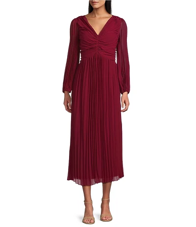 Marina Long Puff Sleeve V-Neck Pleated Chiffon Dress