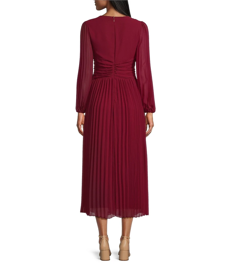 Marina Long Puff Sleeve V-Neck Pleated Chiffon Dress