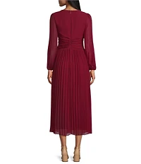 Marina Long Puff Sleeve V-Neck Pleated Chiffon Dress