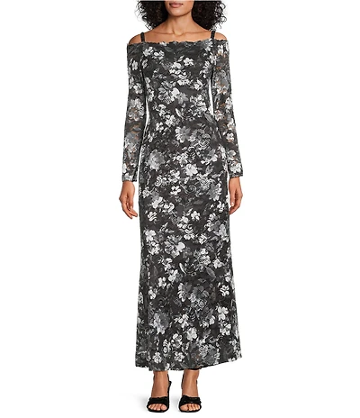 Marina Long Sleeve Off The Shoulder Scalloped Floral Maxi Dress