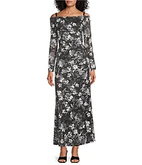 Marina Long Sleeve Off The Shoulder Scalloped Floral Maxi Dress