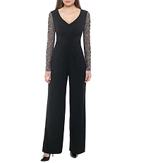 Marina Matte Jersey Sheer Beaded Long Sleeve V-Neck Knot Bodice Jumpsuit