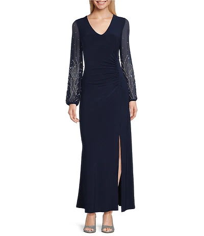 Marina Mesh Beaded Puff Long Sleeve V-Neck Front Slit Gown