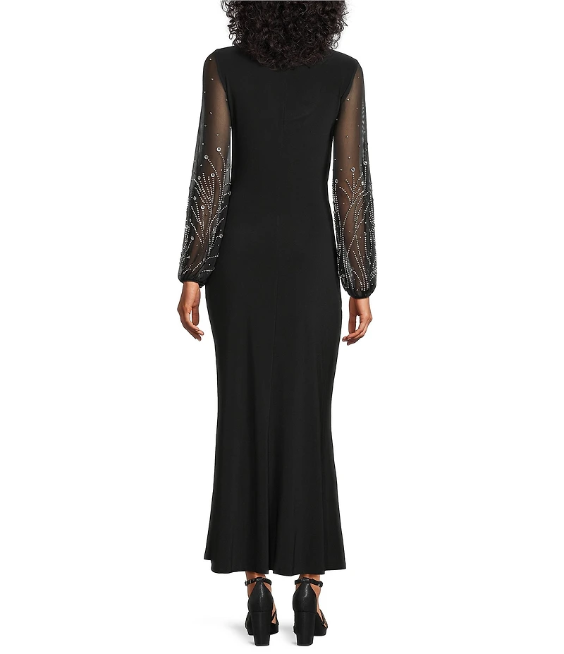 Marina Mesh Beaded Puff Long Sleeve V-Neck Front Slit Gown