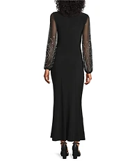 Marina Mesh Beaded Puff Long Sleeve V-Neck Front Slit Gown