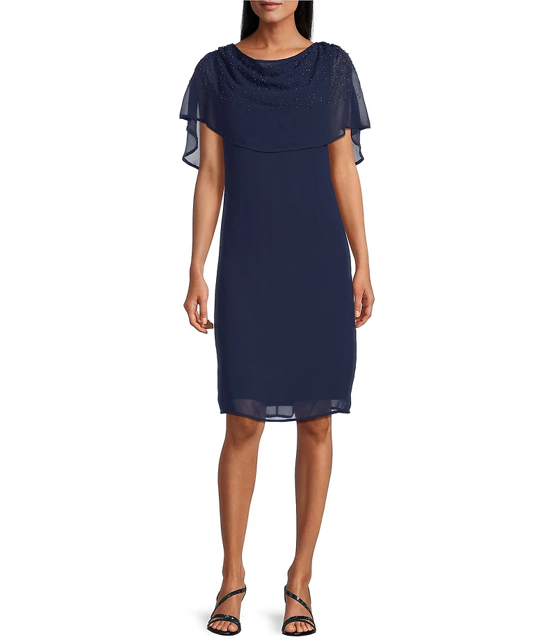 Marina Pebble Chiffon Beaded Caplet Sheath Dress