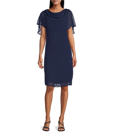 Marina Pebble Chiffon Beaded Caplet Sheath Dress