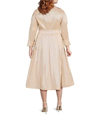 Marina Plus Size 3/4 Sleeve Point Collar Neck Tie Waist Taffeta Midi A-Line Dress