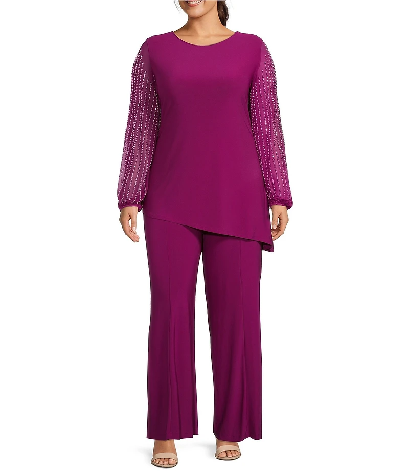 Marina Plus Size Beaded Long Sleeve Crew Neck 2-Piece Pant Set