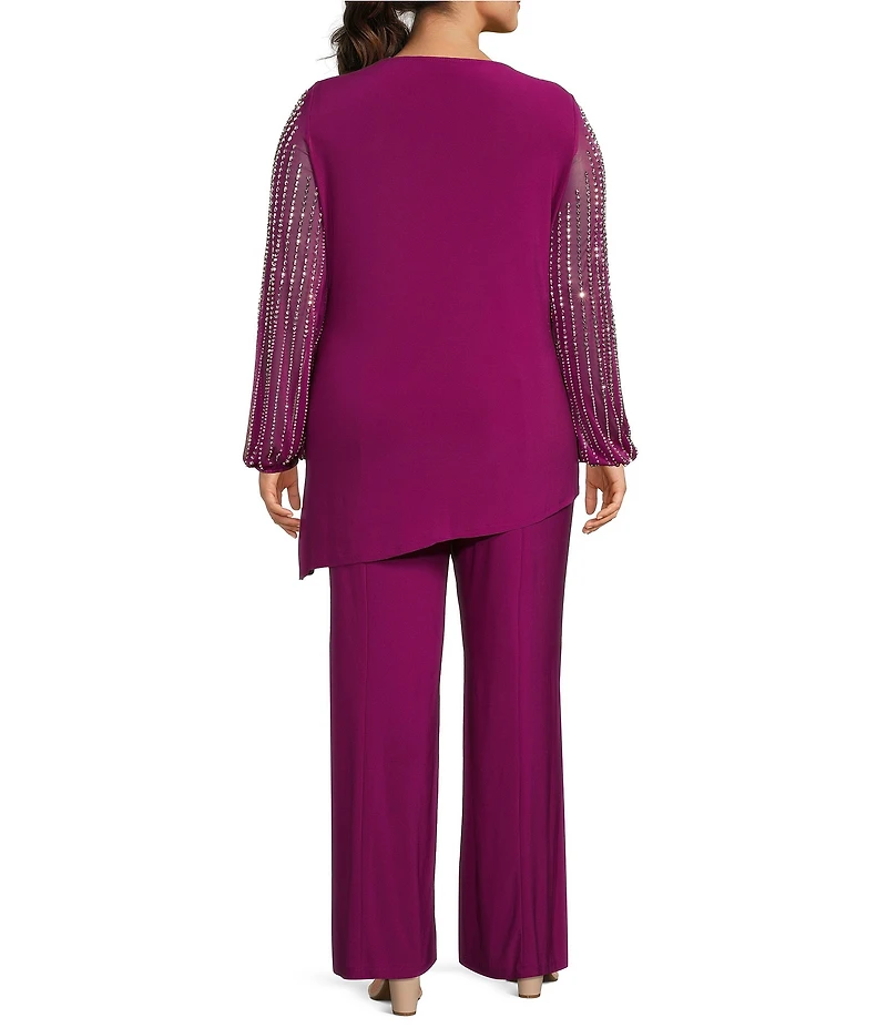 Marina Plus Size Beaded Long Sleeve Crew Neck 2-Piece Pant Set