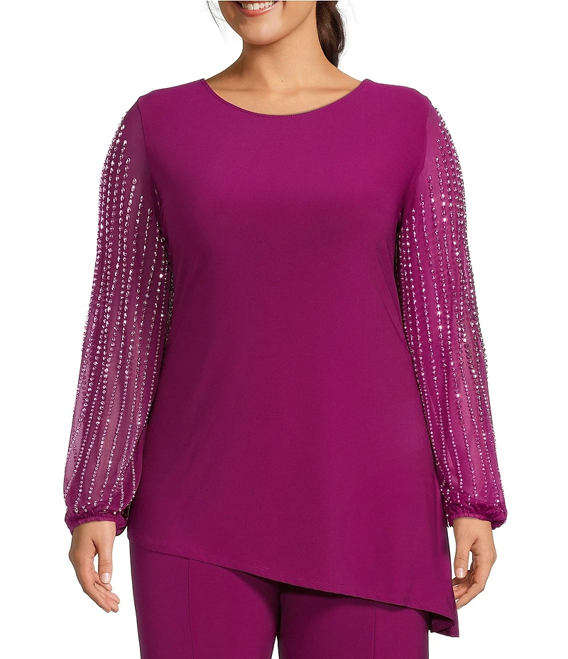 Marina Plus Size Beaded Long Sleeve Crew Neck 2-Piece Pant Set
