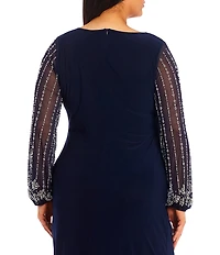 Marina Plus Size Boat Neck Long Beaded Sleeve Elastic Cuff Back Slit Matte Jersey Gown