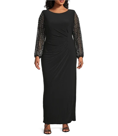 Marina Plus Size Boat Neck Long Beaded Sleeve Elastic Cuff Back Slit Matte Jersey Gown