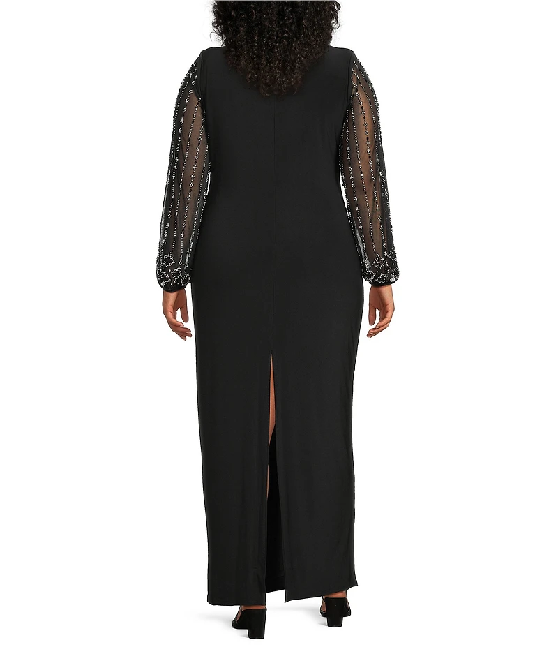 Marina Plus Size Boat Neck Long Beaded Sleeve Elastic Cuff Back Slit Matte Jersey Gown